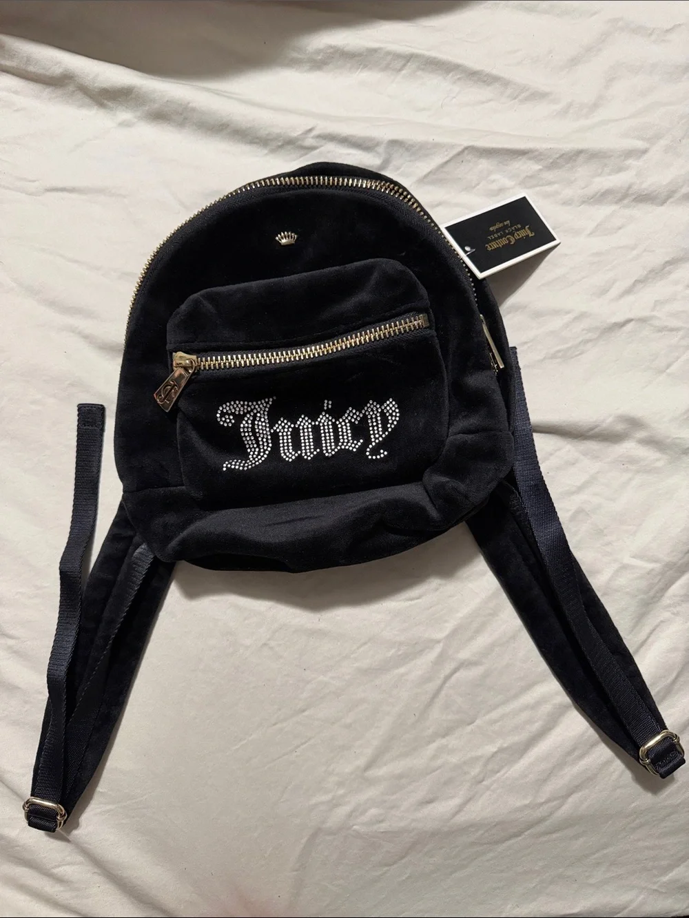 Juicy Couture Black Velvet Mini Backpack with Crystal 'Juicy' Logo